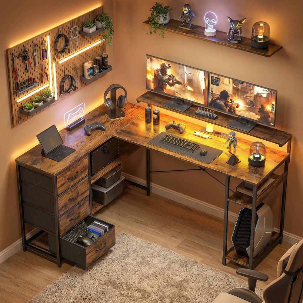 L-formet gamingbord / skrivebord med LED og skuffer
