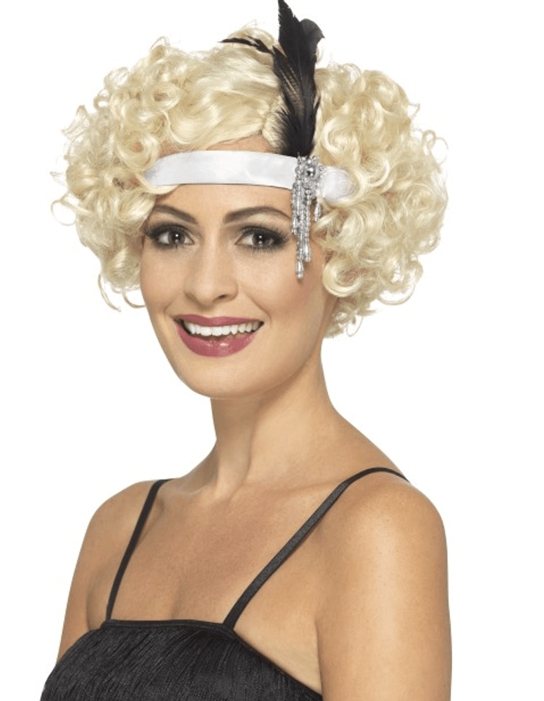 Flapper satin hodebånd med fjær - hvit