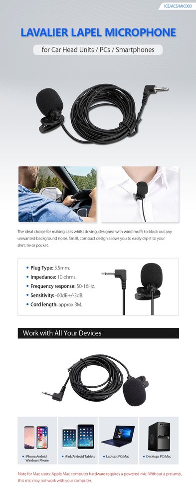 Lavalier myggmikrofon for bilradio, PC og smarttelefon