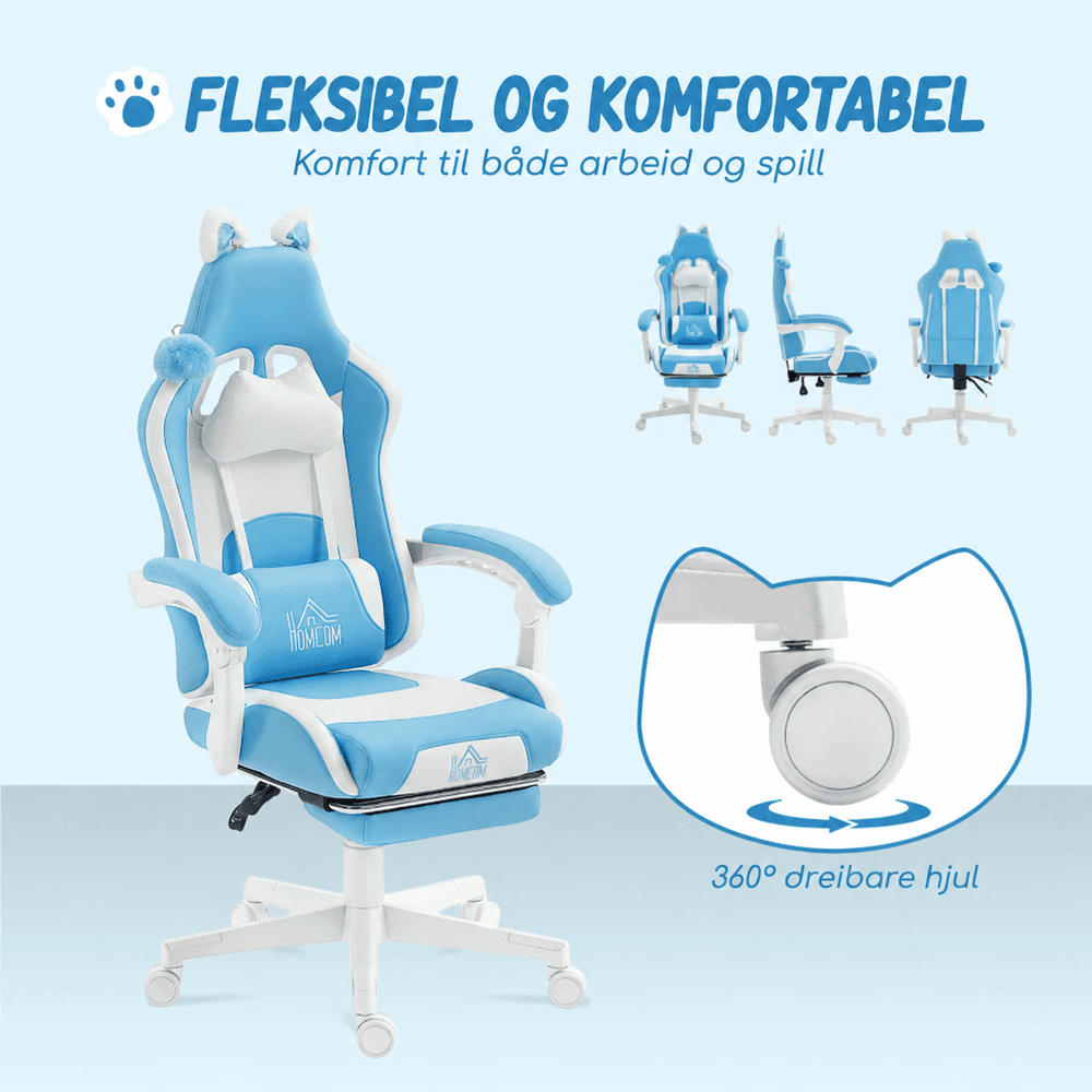 Gamingstol med katteører, justerbar rygg og uttrekkbar fotstøtte, opptil 120 kg - fargevalg