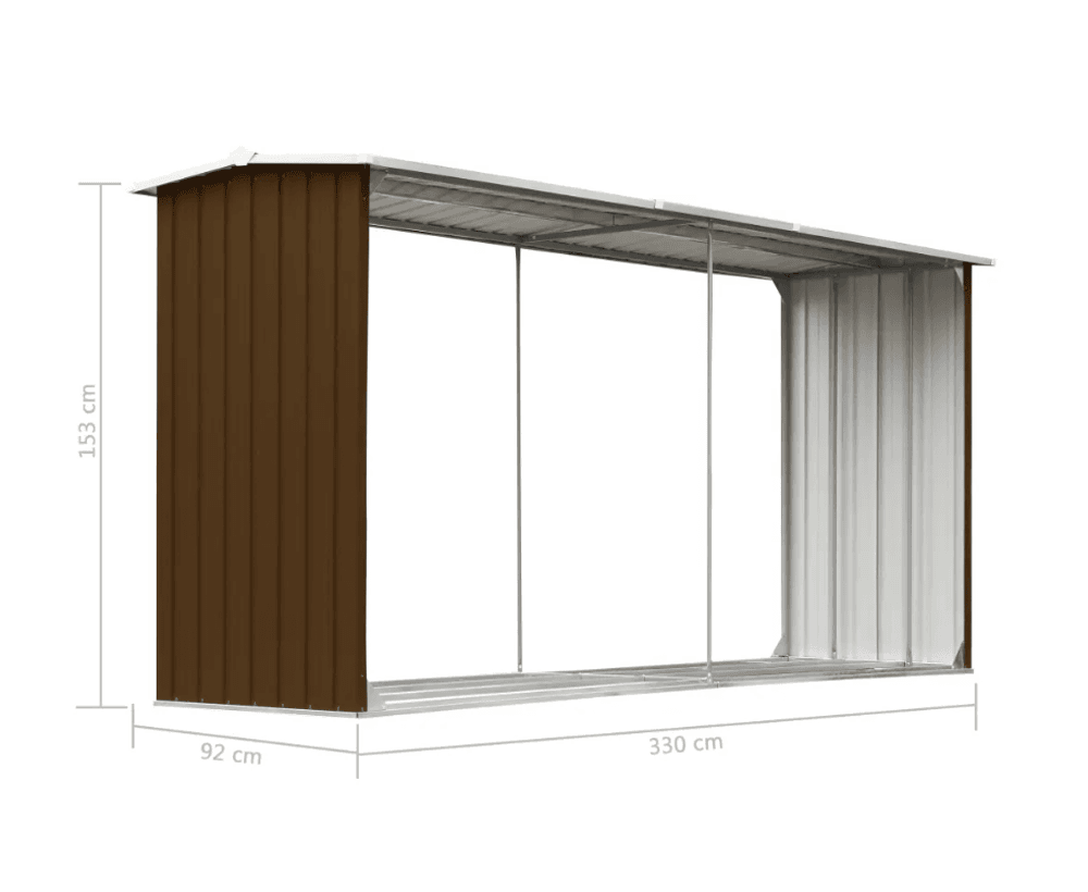 Vedskjul galvanisert stål 330x92x153 cm brun