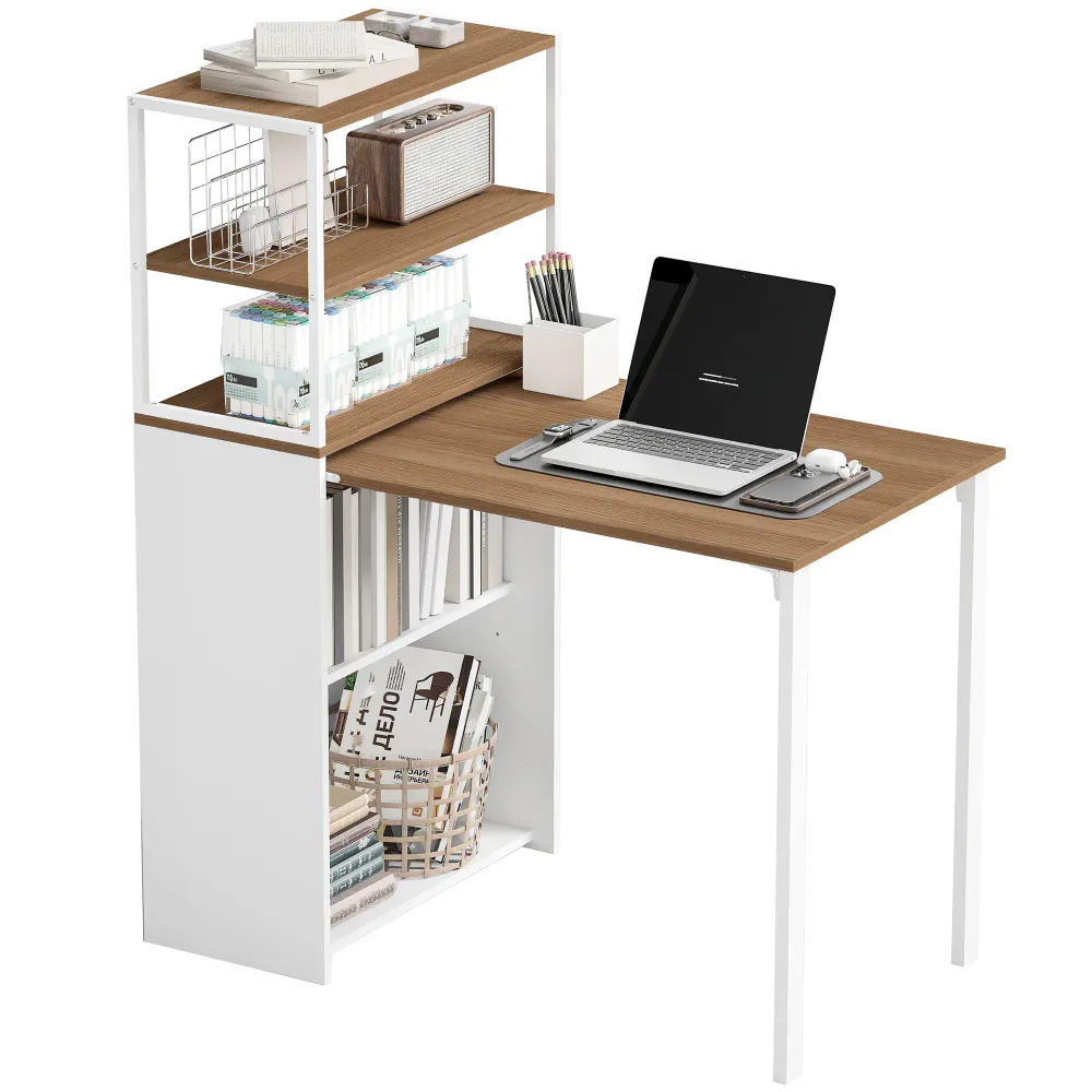 Sammenleggbart skrivebord / PC-bord med 4 hyller - naturtre og hvit