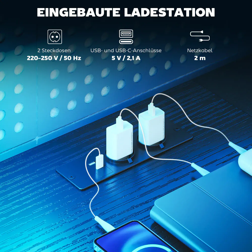 L-formet gamingbord / skrivebord med LED og USB-C
