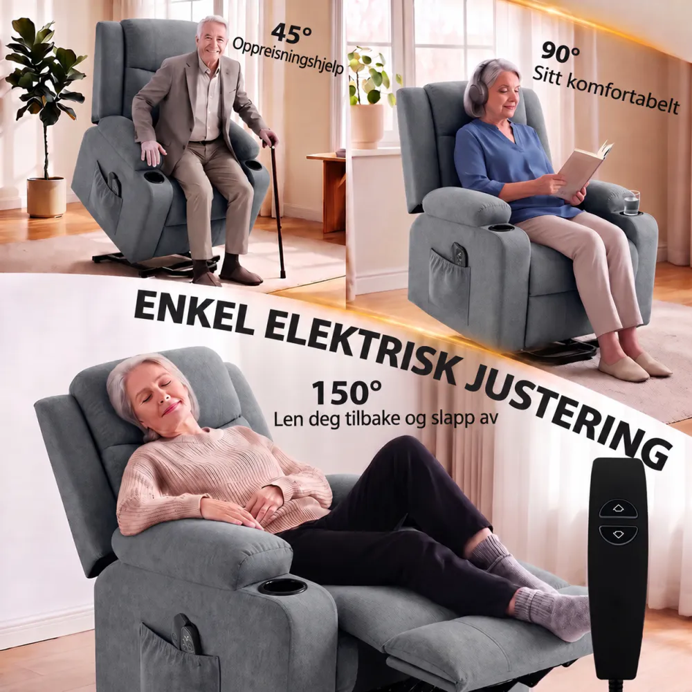 Elektrisk hvilestol med oppreisningshjelp og massasje