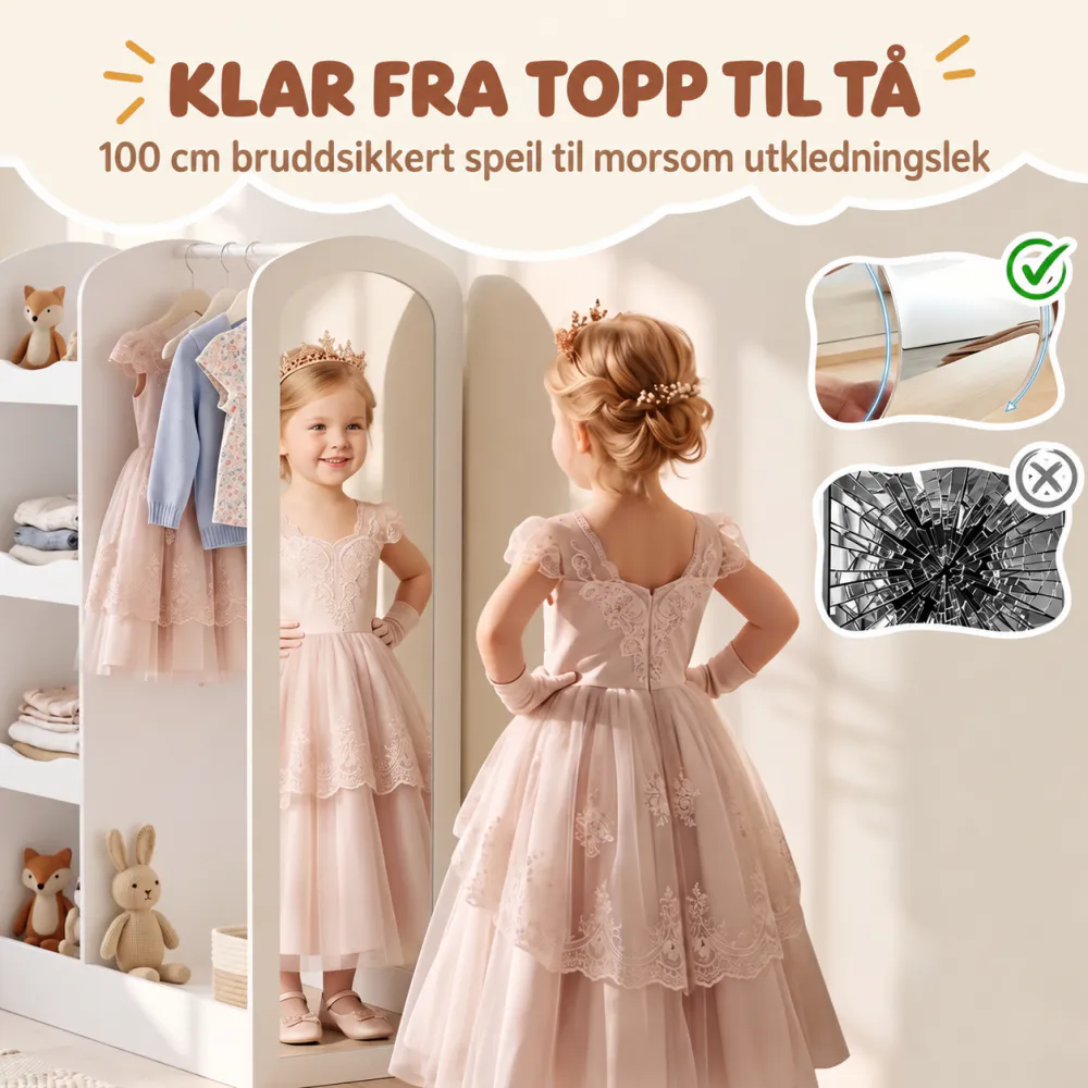 Klesstativ for barn med speil og hyller - hvit