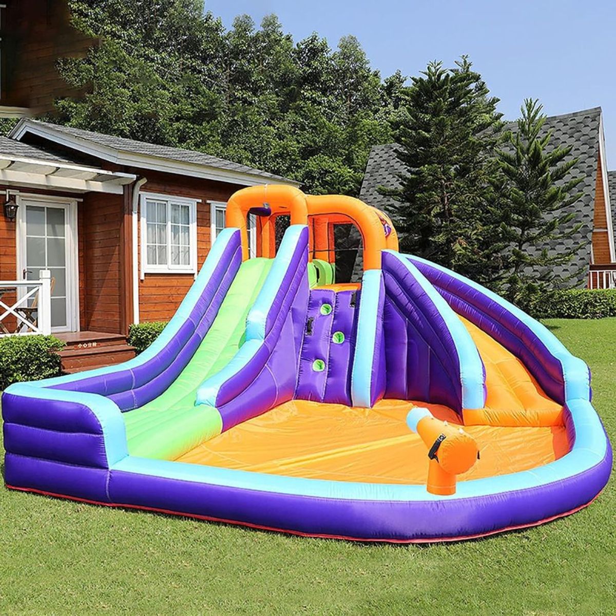 AirMyFun Double Slide 83006 Oppblåsbar Hoppeslott – Med dobbel sklie, vannlek og klatrevegg
