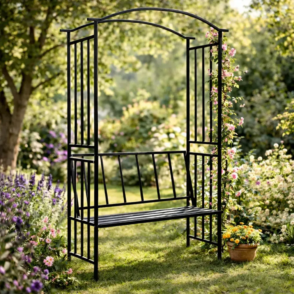 Rosebue med hagebenk i sort jern - 128x50x207 cm