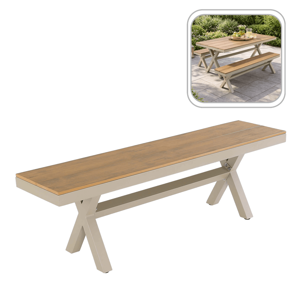 Aluminiumsbenk til hage 150 × 36 × 47 cm beige med treutseende sete