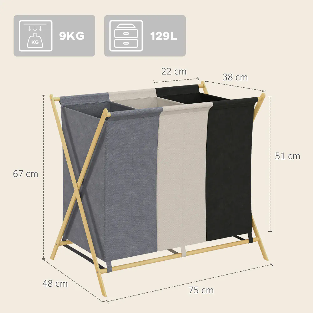 Skittentøyskurv med 3 rom - sammenleggbar, 129 liter
