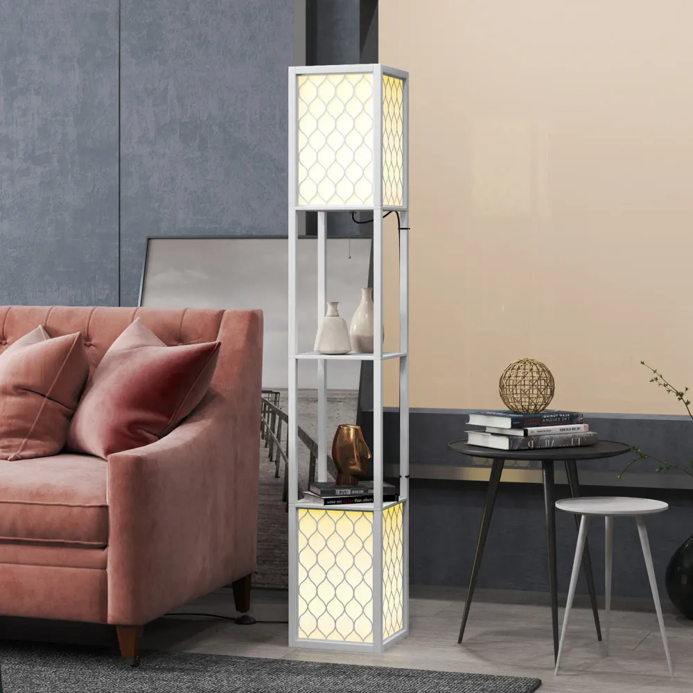 Gulvlampe med to hyller og stoffskjerm 156 cm - fargevalg