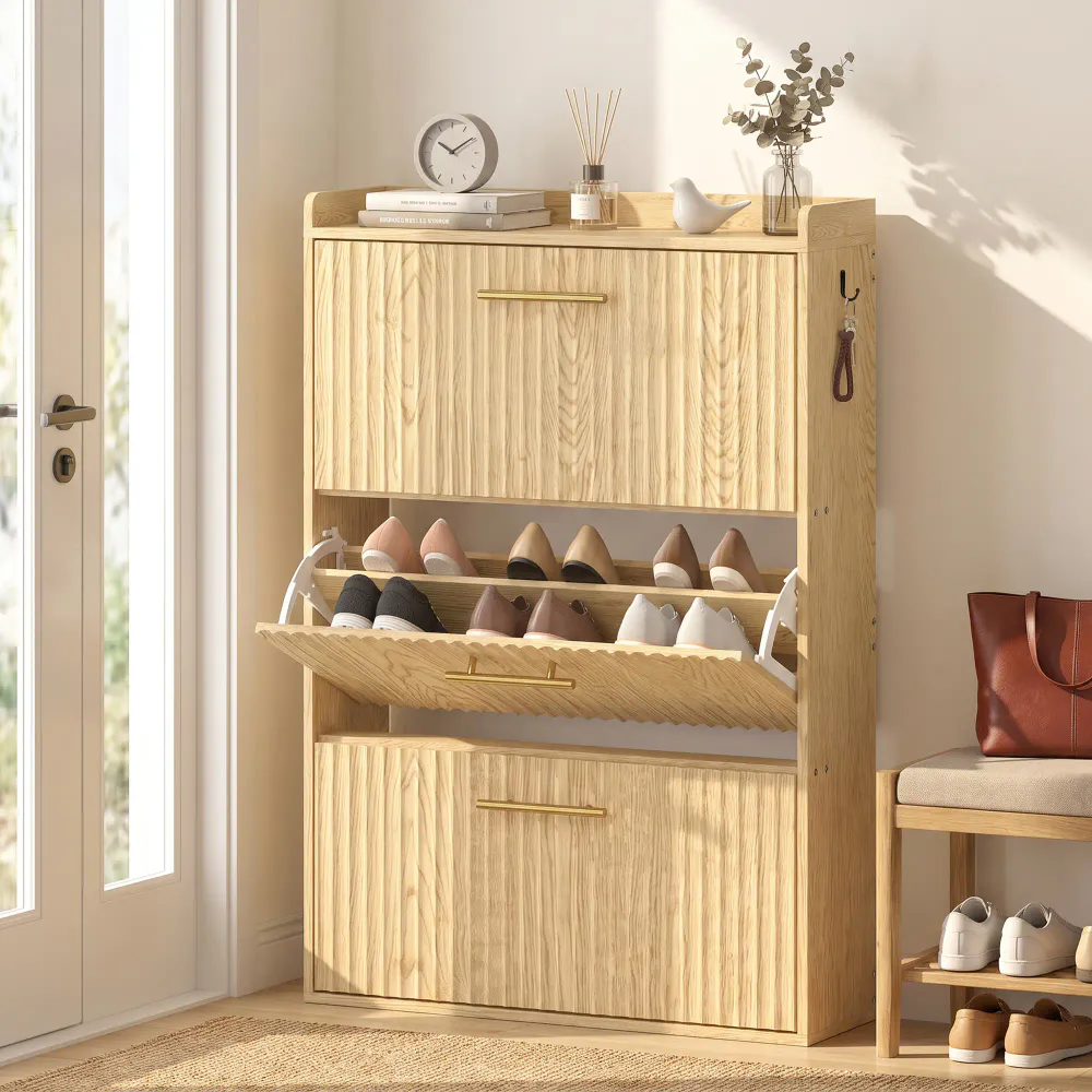 Smalt skoskap med 3 vippefronter - lys brun, 80 cm