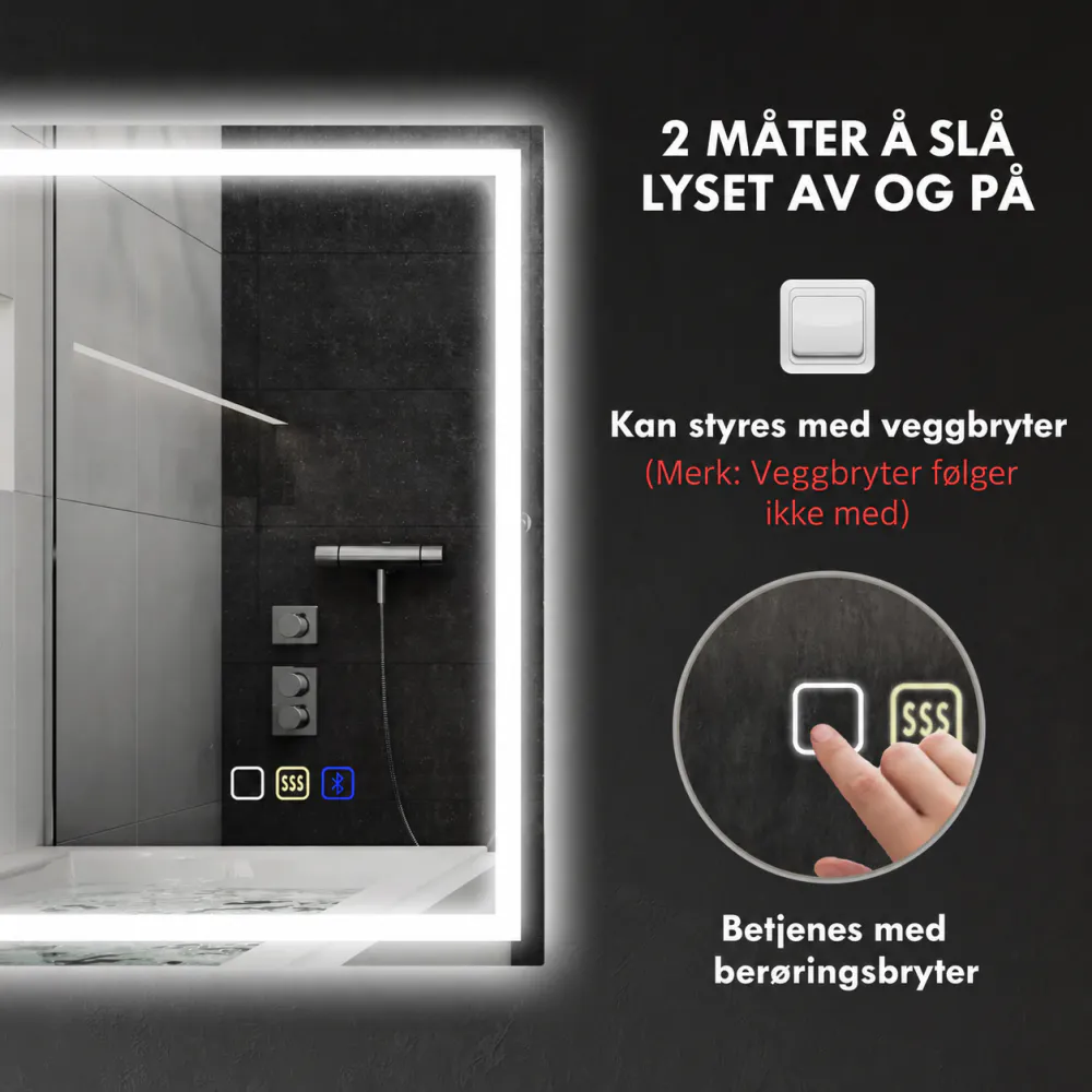 Baderomsspeil med LED og Bluetooth - 100 × 80 cm
