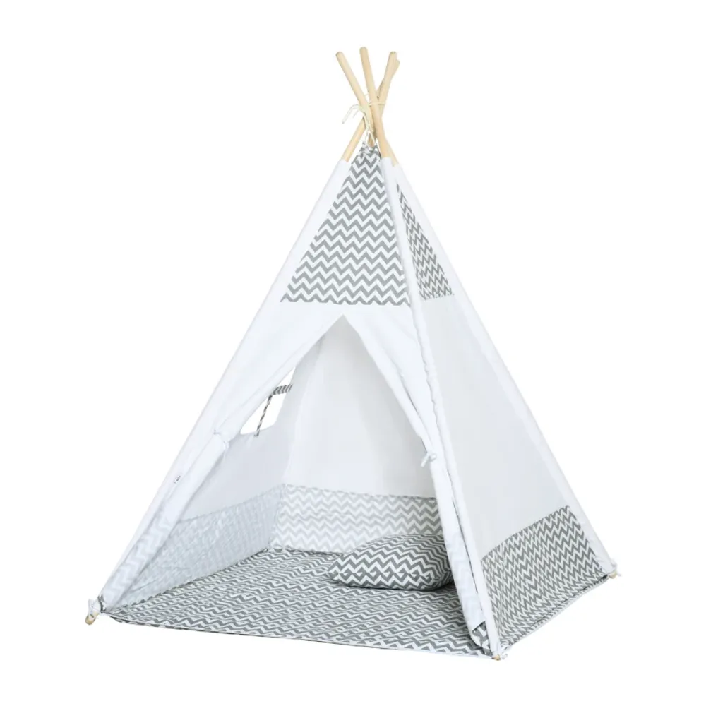 Tipi leketelt for barn – Grå/hvit med teppe
