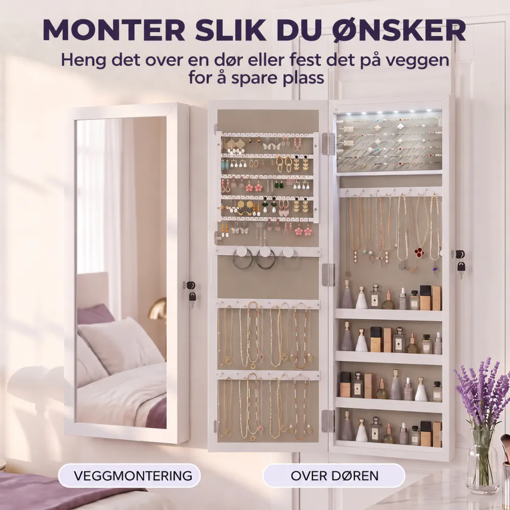 Smykkeskap med speil og LED - til vegg eller dør