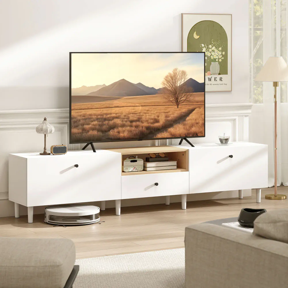 TV-benk 200 cm med skuff og skap - hvit/natur