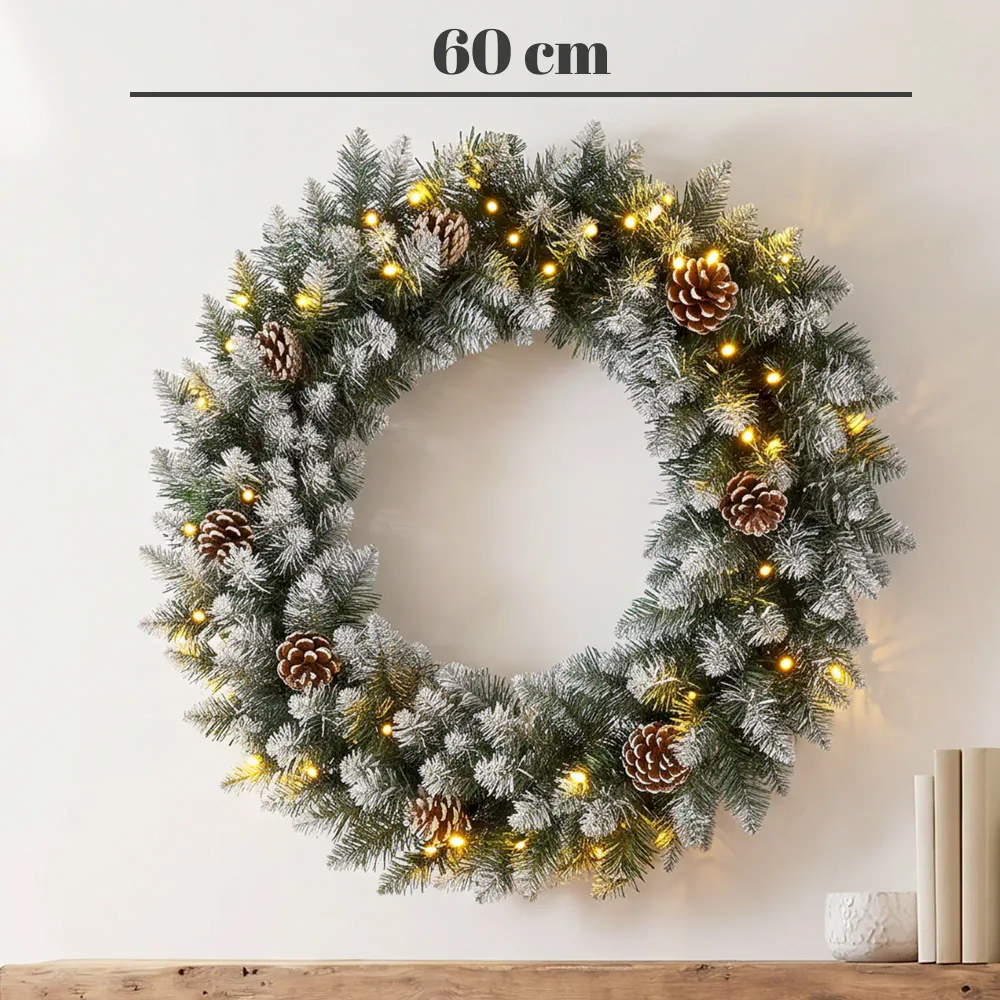 Julekrans med LED-lys og snødryss - Ø60 cm