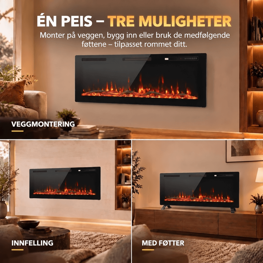Ultratynn elektrisk peis for innfelt og veggmontert installasjon 900w og 1800W 127cm