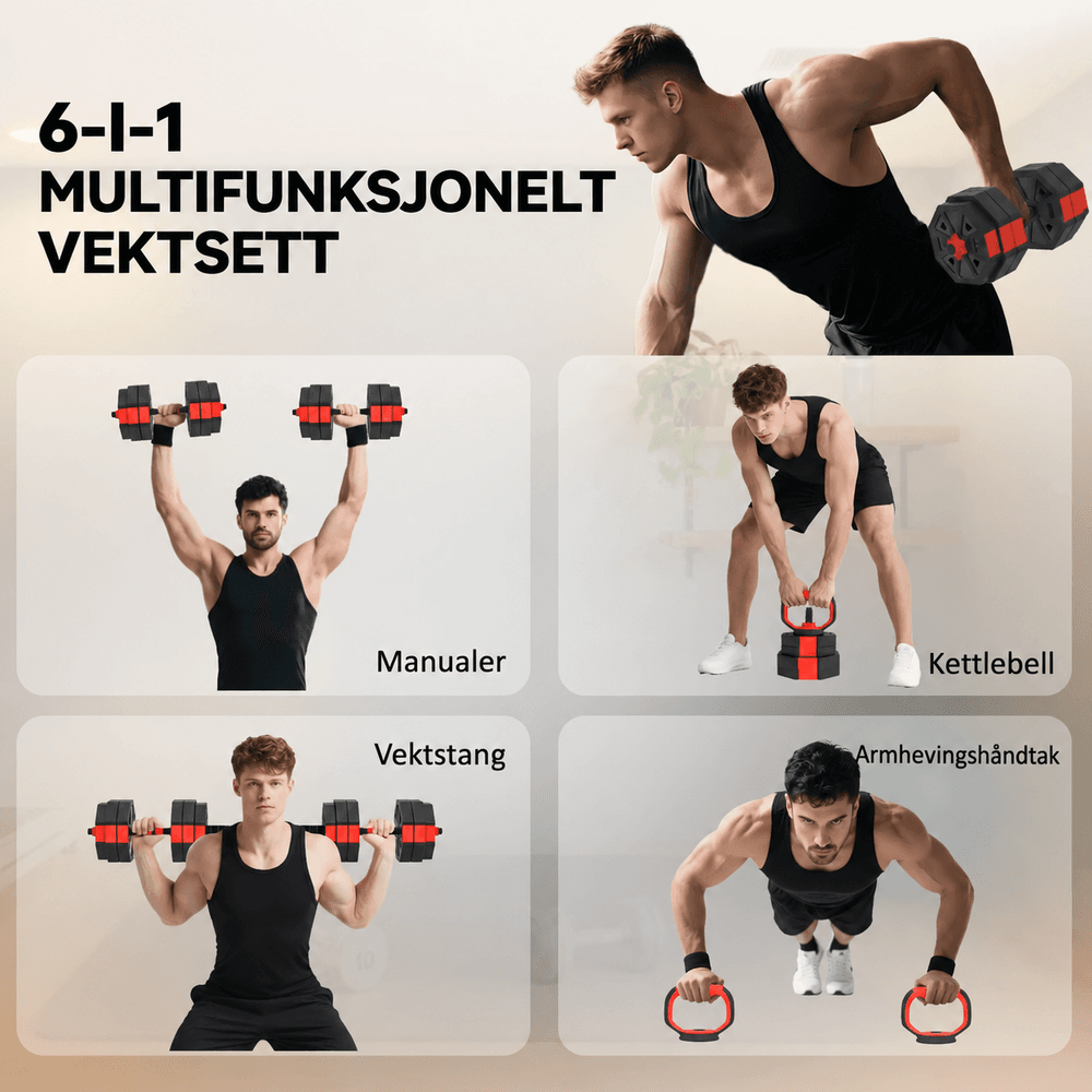 6-i-1 justerbart manualsett 30 kg med manualer og vektstang