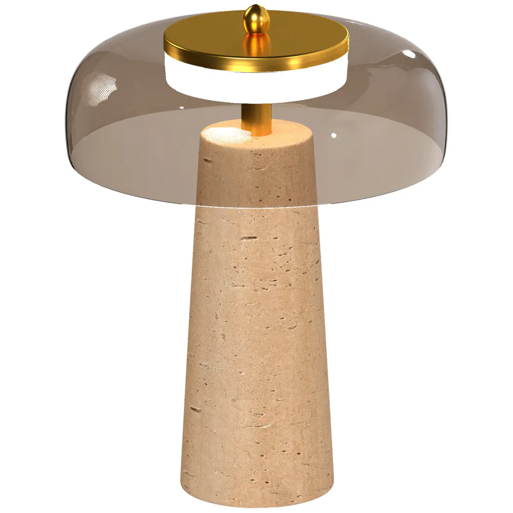 Bordlampe med travertinfot og ravfarget glass