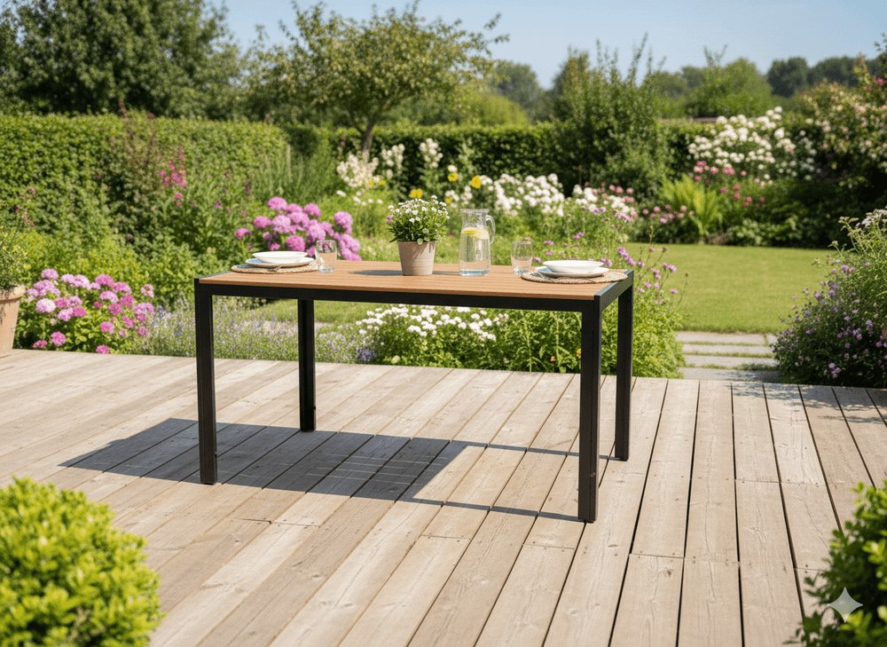 Stålbord til hage med polywood bordplate 150 × 90 × 73 cm svart