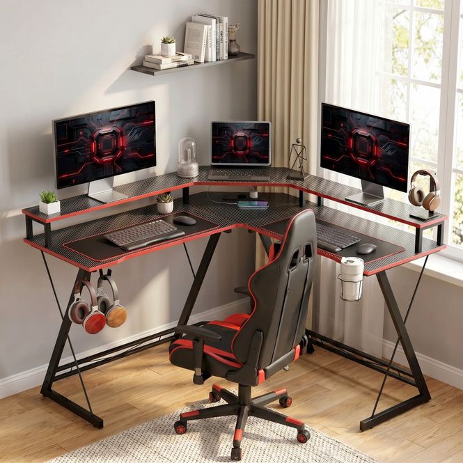 Hovedbilde L-formet gamingbord med monitorhylle, strømuttak og USB ...