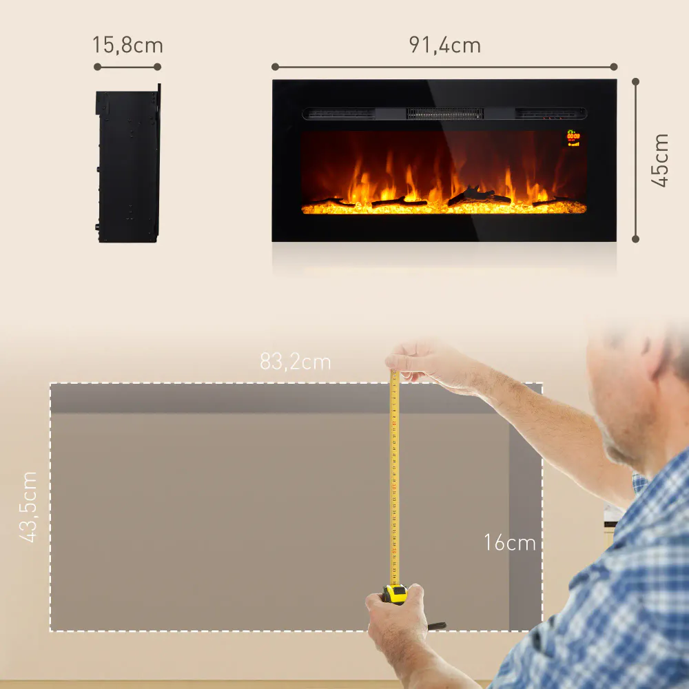 Veggmontert/innebygget elektrisk peis 1800W - 91x45 cm