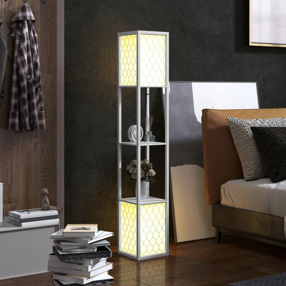 Gulvlampe med to hyller og stoffskjerm 156 cm - fargevalg