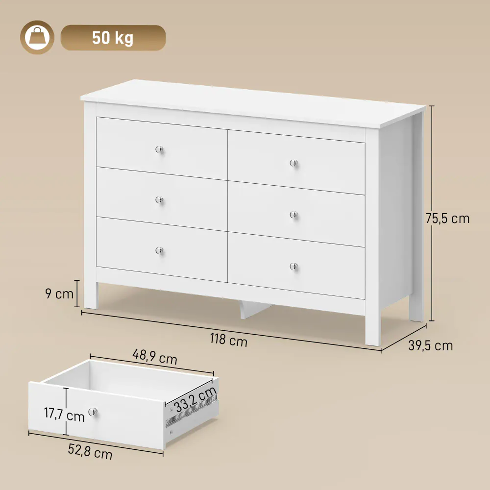 Hvit kommode med 6 skuffer - 118 cm