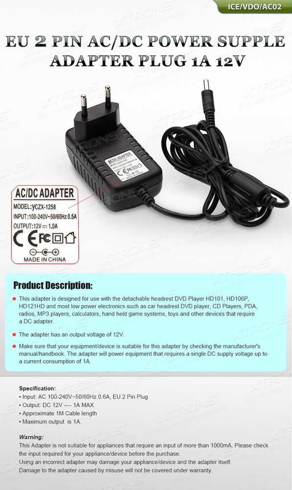 EU 2-pin 230V AC/DC strømadapterplugg 1A 12V