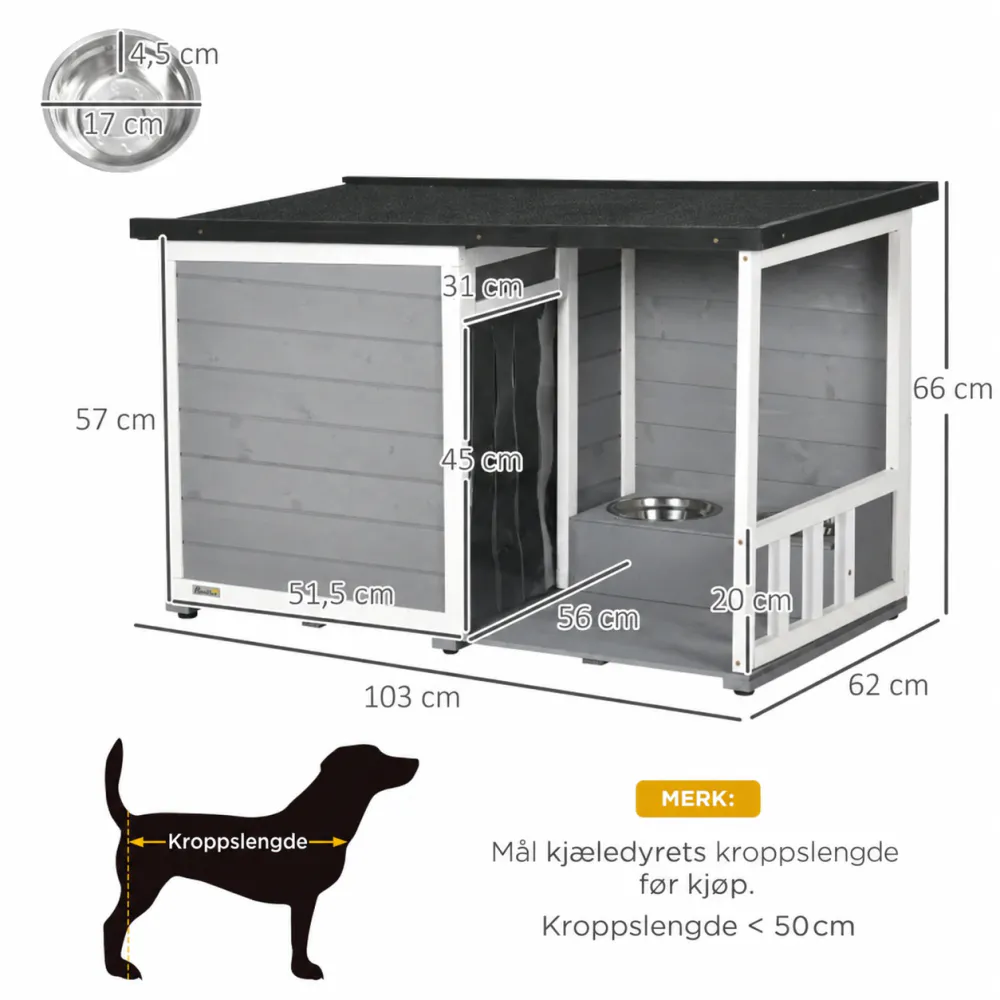 Hundehus i heltre med veranda og 2 fôrskåler