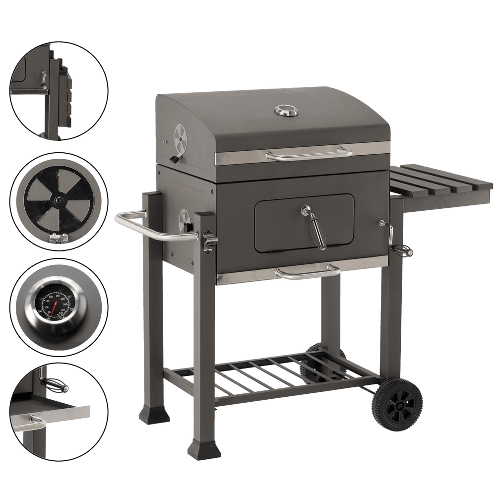 Stor kullgrill med lokk - termometer og hjul