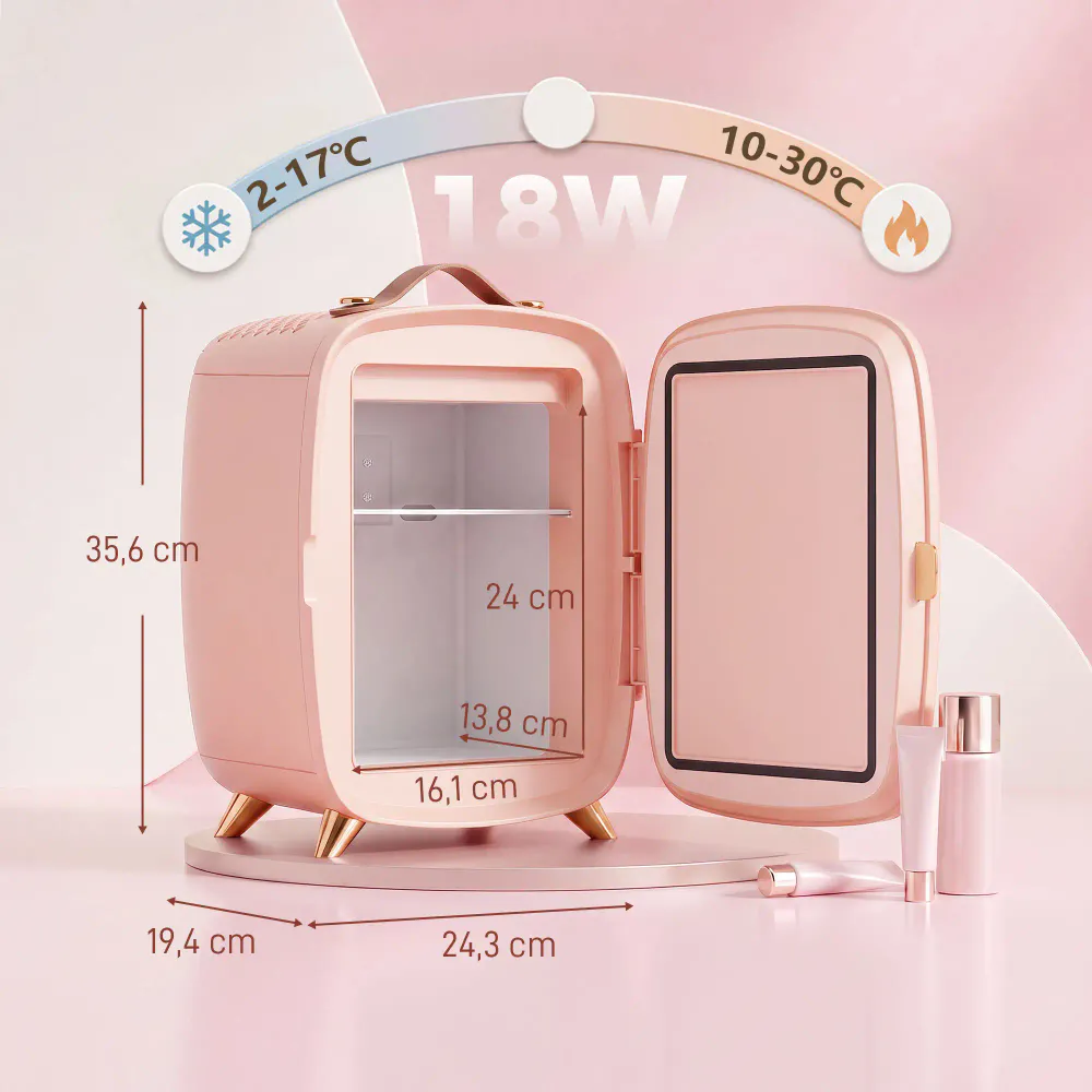 Minikjøleskap med LED-speil - 6L - rosa/hvit