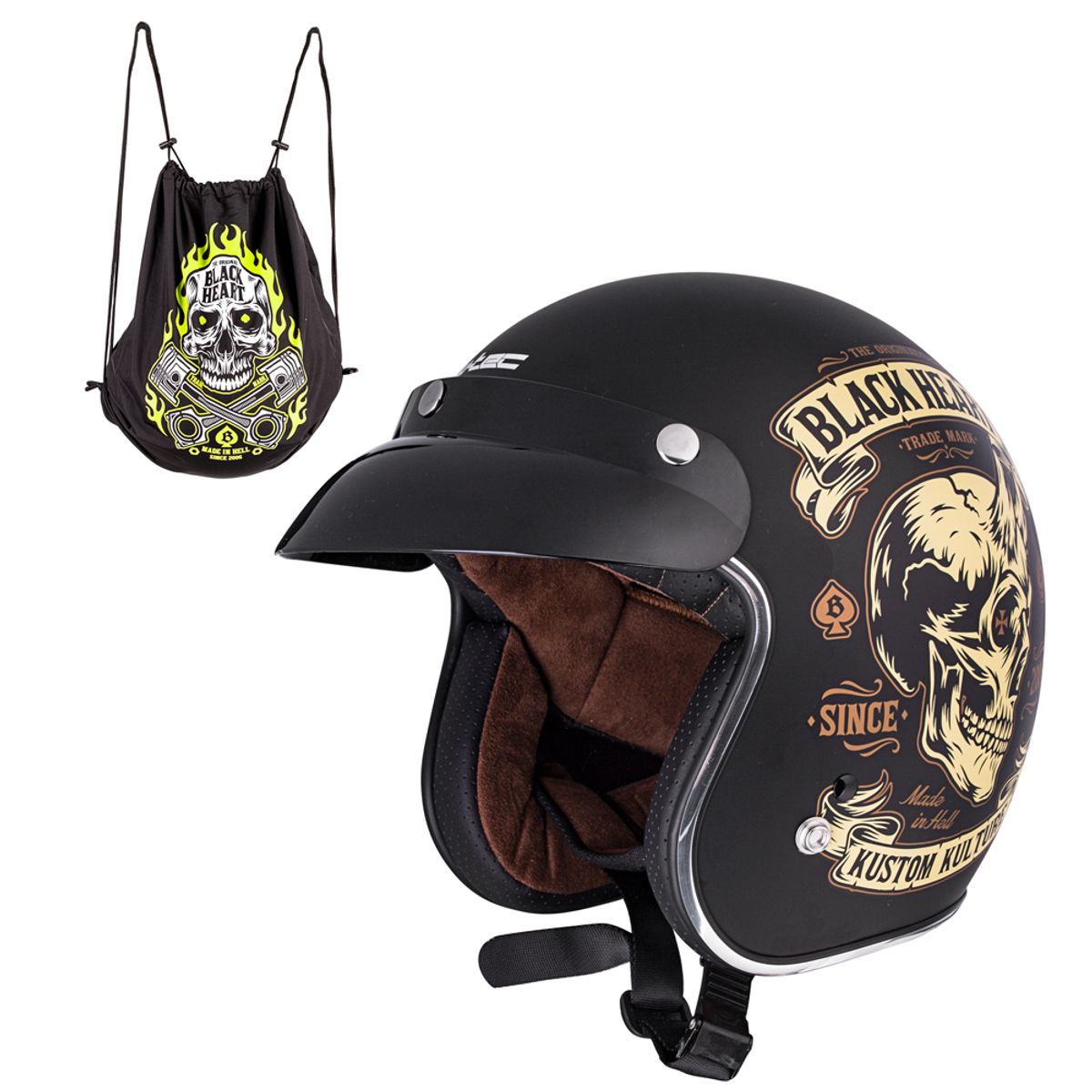MC hjelm W-TEC Kustom Black Heart - Skull horn, matt sort