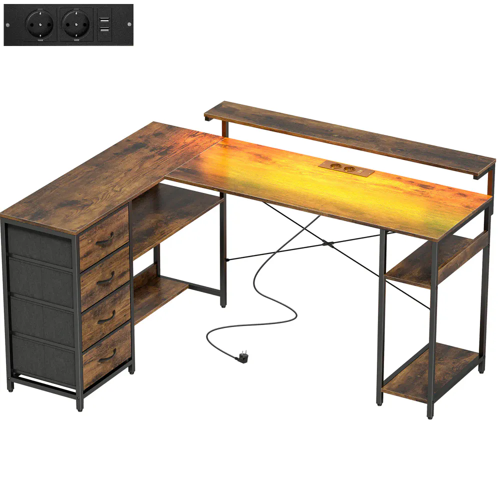 L-formet gamingbord / skrivebord med LED og skuffer
