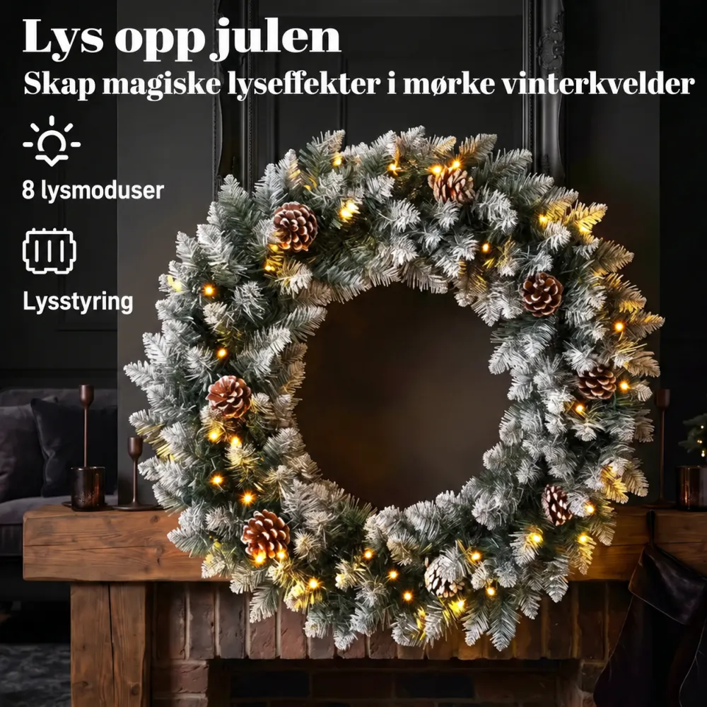 Julekrans med LED-lys og snødryss - Ø60 cm