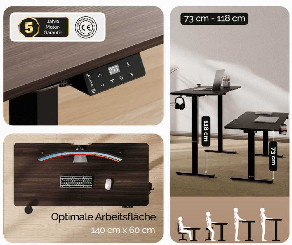 Elektrisk skrivebord 140x60x73-118cm - brun