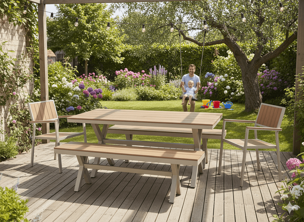 Aluminiumsbenk til hage 150 × 36 × 47 cm beige med treutseende sete