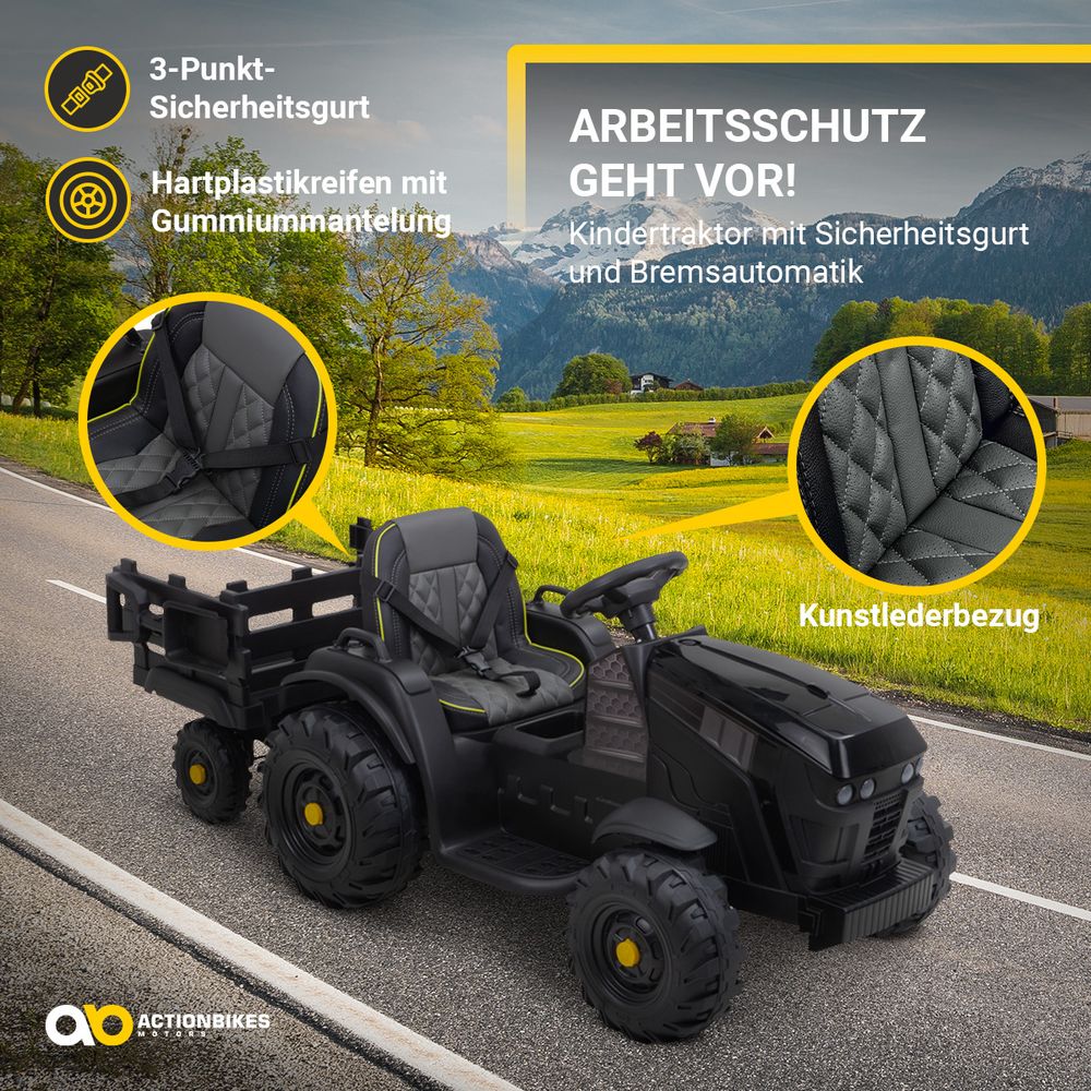 Elektrisk traktor til barn med tilhenger - Sort