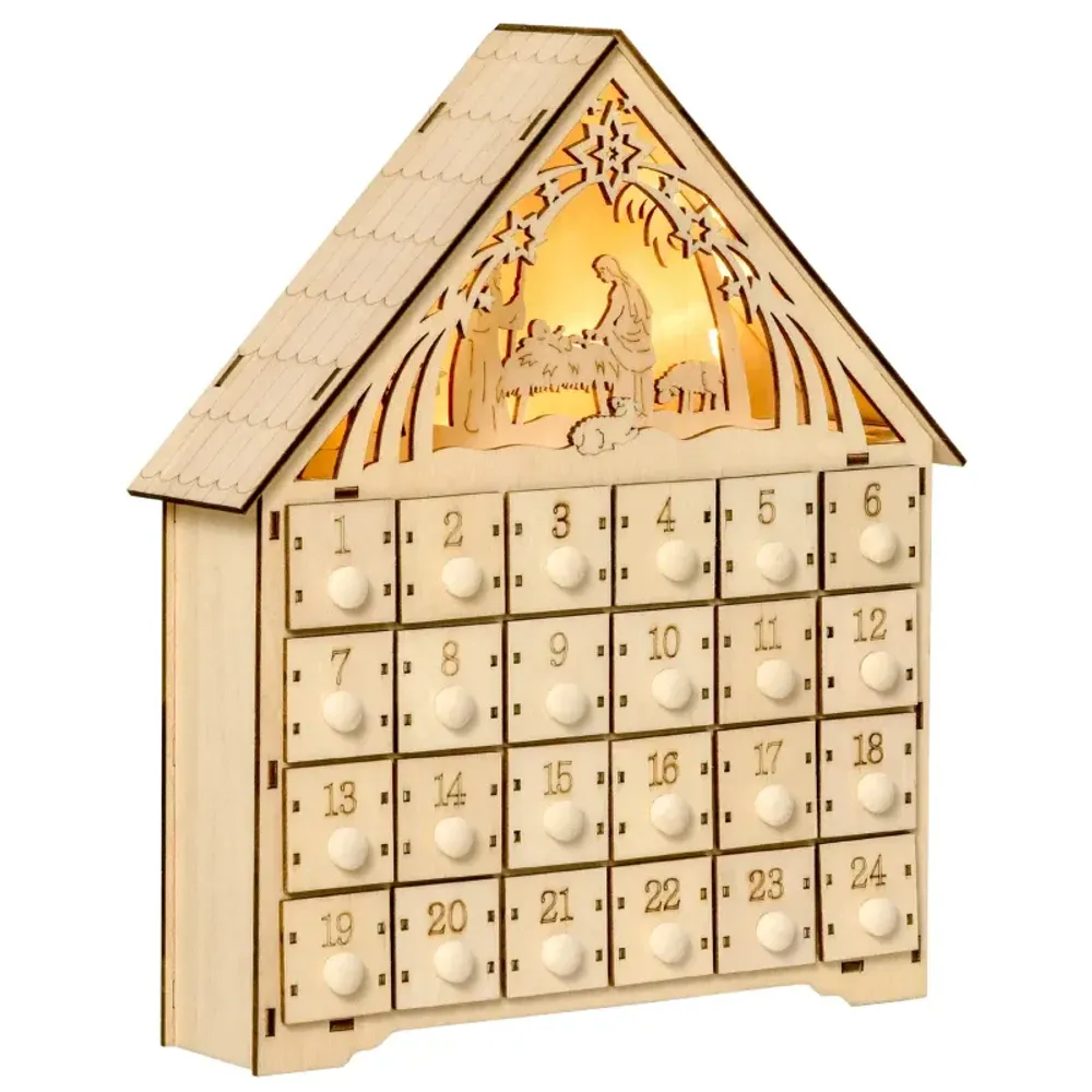 Adventskalender i tre med LED-lys og 24 skuffer