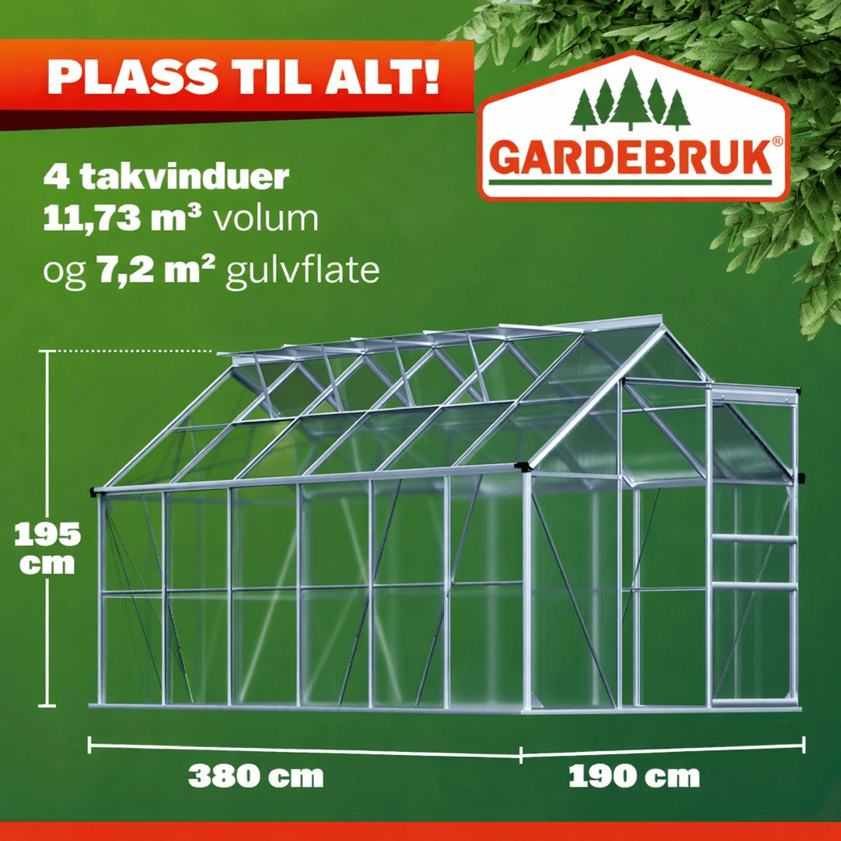 Drivhus aluminium 380x190 cm 7,22m2 med 4 vinduer