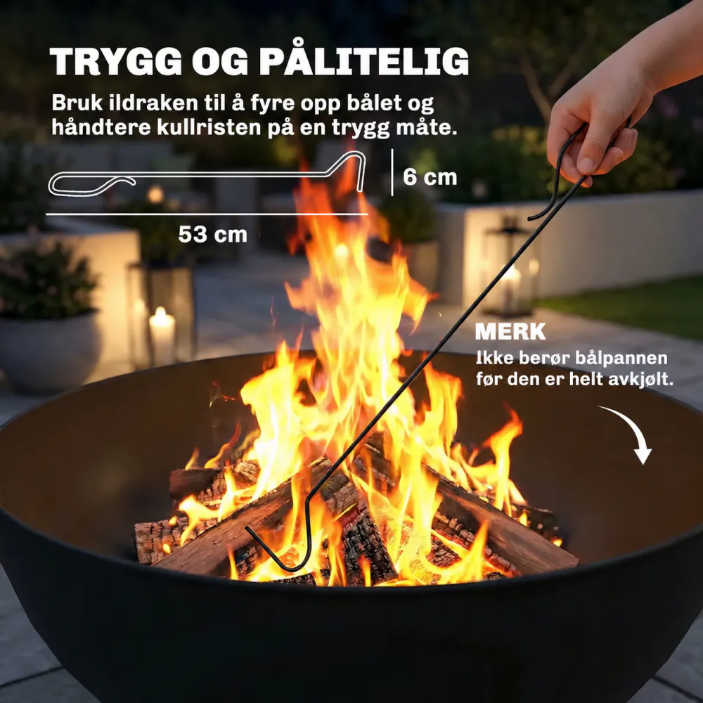 Rund bålpanne med stativ og ildrake - sort