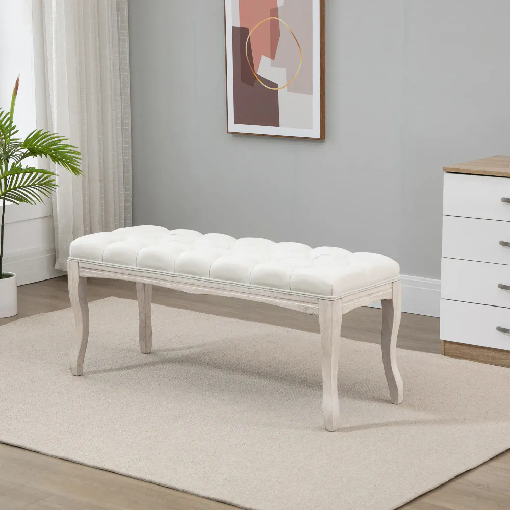 Polstret benk med knapper og buede treben - beige