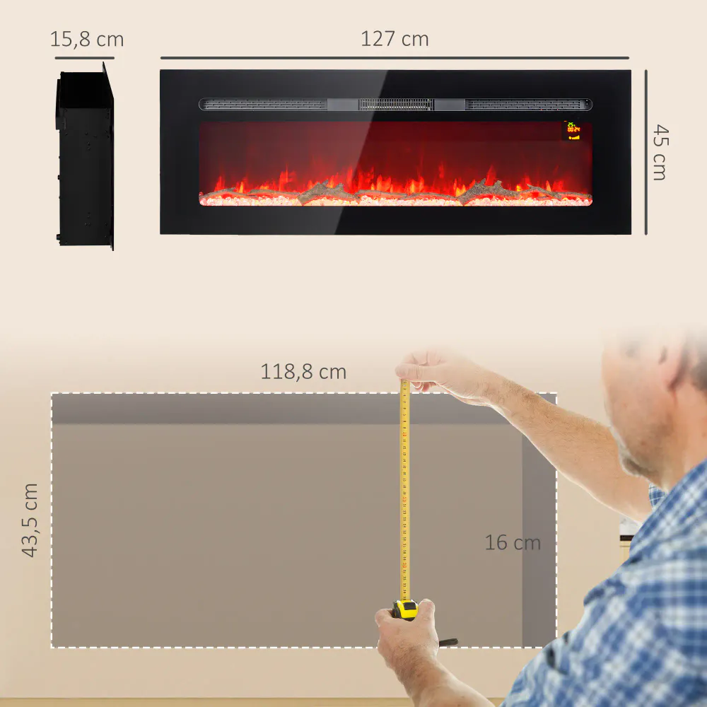 Veggmontert/innebygget elektrisk peis 1800W - 127x45 cm
