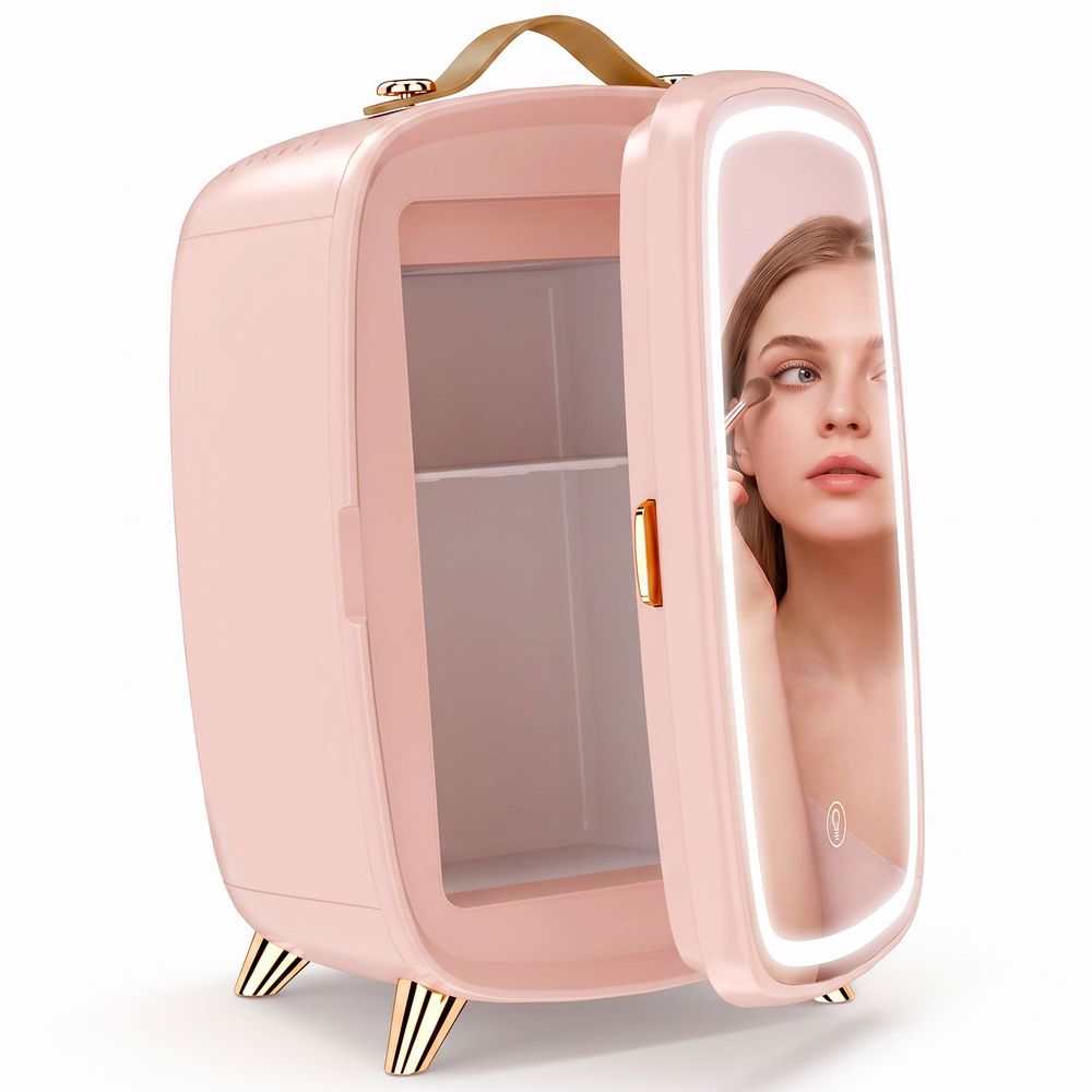 Minikjøleskap med LED-speil - 6L - rosa/hvit