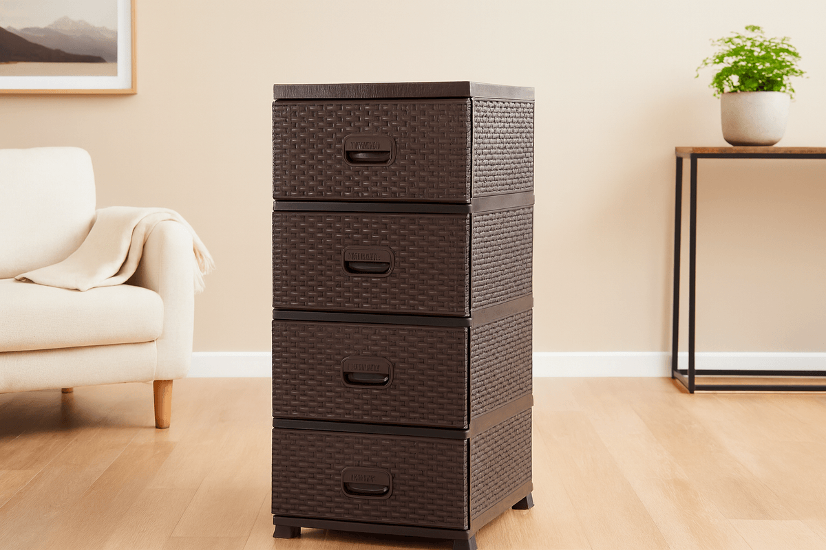 Kommode 4 skuffer rottinglook - brun/grå 38x45x90 cm