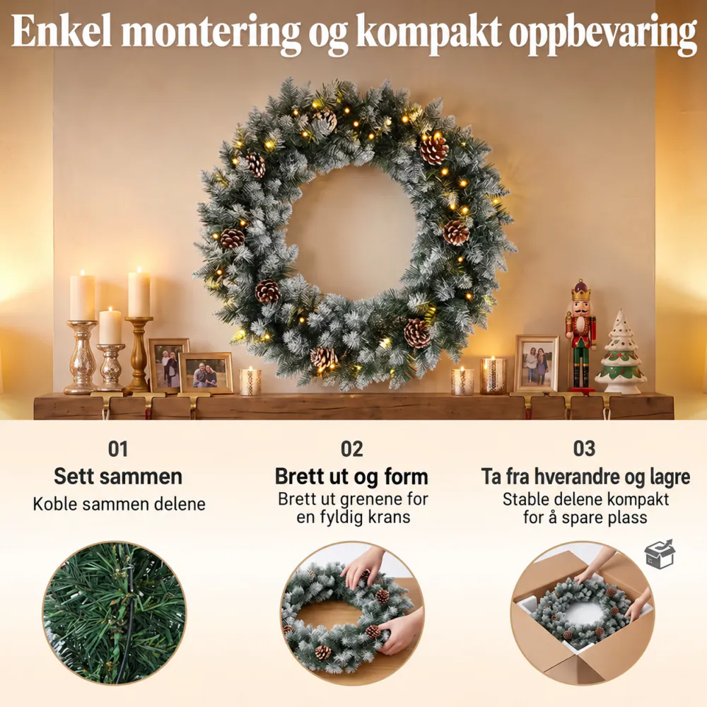 Julekrans med LED-lys og snødryss - Ø60 cm