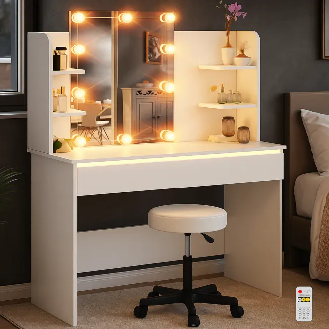 Hovedbilde Sminkebord Lucia med LED-belysning og krakk - 110x40 cm ...