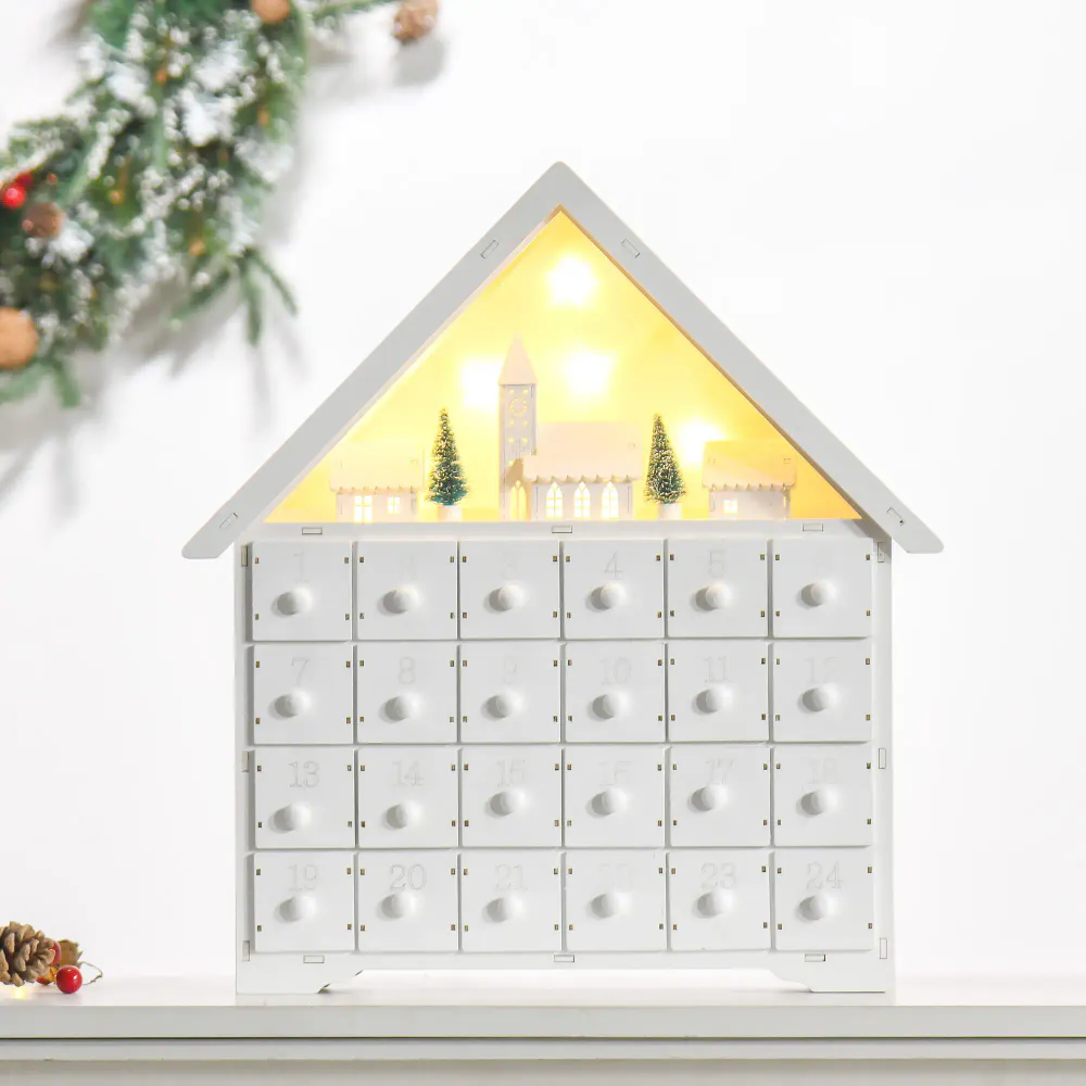 Adventskalender med 24 skuffer og LED-lys – hvit