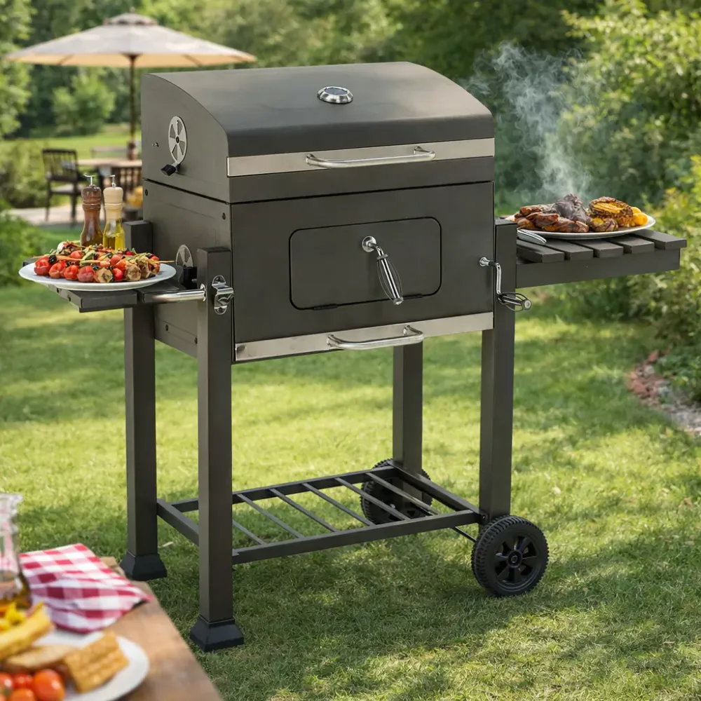 Stor kullgrill med lokk - termometer og hjul